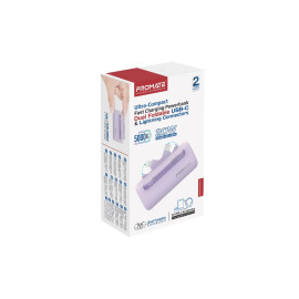 Promate PowerUp-Duo 5000mAh Ultra-Compact Fast Charging Power Bank with Dual foldable USB-C™ & Lightning Connectors - Purple