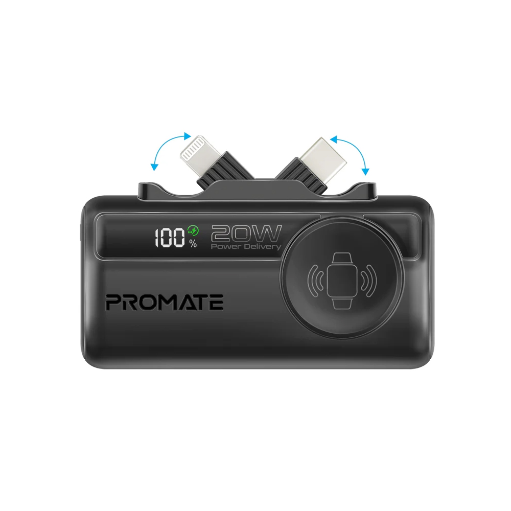 Promate PowerUp-Trio 5000mAh Ultra-Compact Fast Charging Power Bank with In-built USB-C, Lightning Connectors & Apple Watch Charger - Black