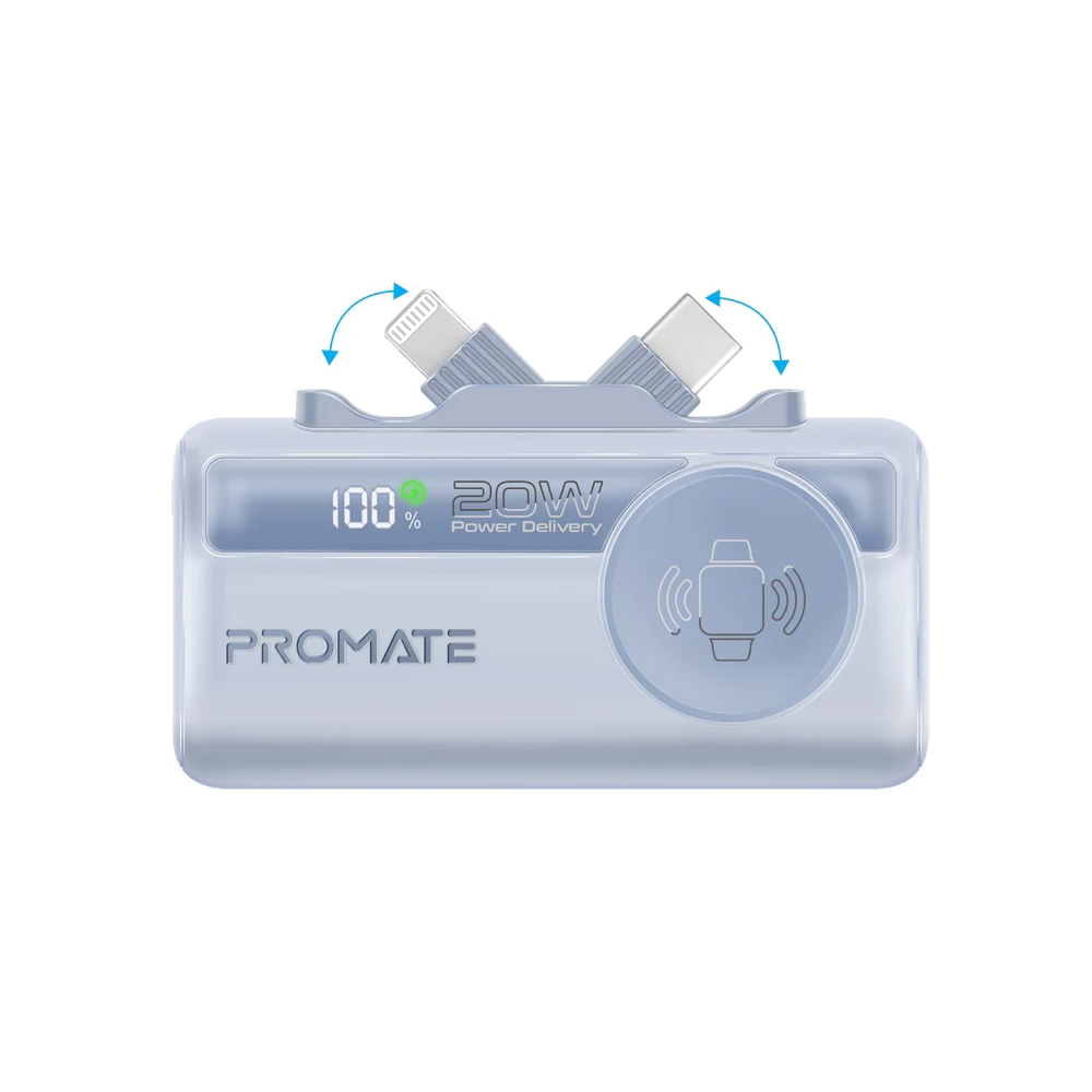 Promate PowerUp-Trio 5000mAh Ultra-Compact Fast Charging Power Bank with In-built USB-C, Lightning Connectors & Apple Watch Charger - Blue