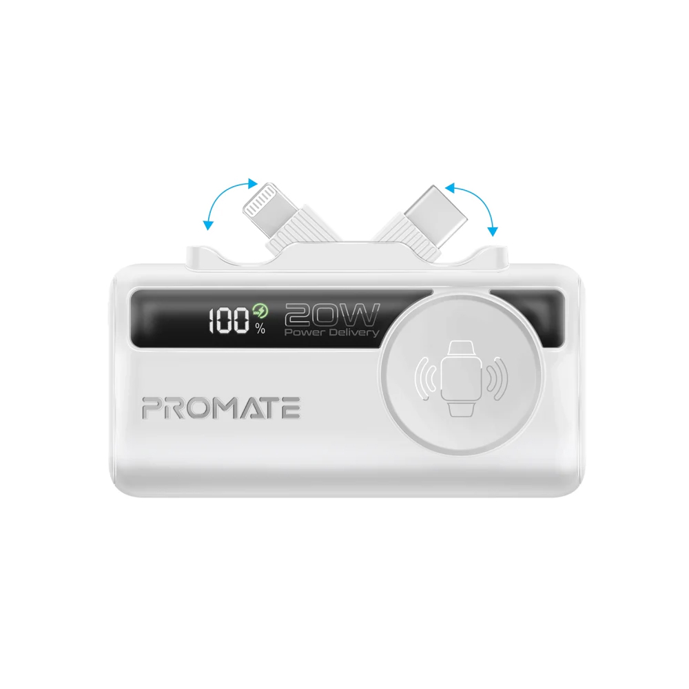 Promate PowerUp-Trio 5000mAh Ultra-Compact Fast Charging Power Bank with In-built USB-C, Lightning Connectors & Apple Watch Charger - White