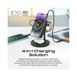 Promate RoverPack 10000mAh 4-in-1 Charging Station with MagSafe Compatible Wireless Charging Power Bank, AirPods Charger & Detachable Apple Watch Charger