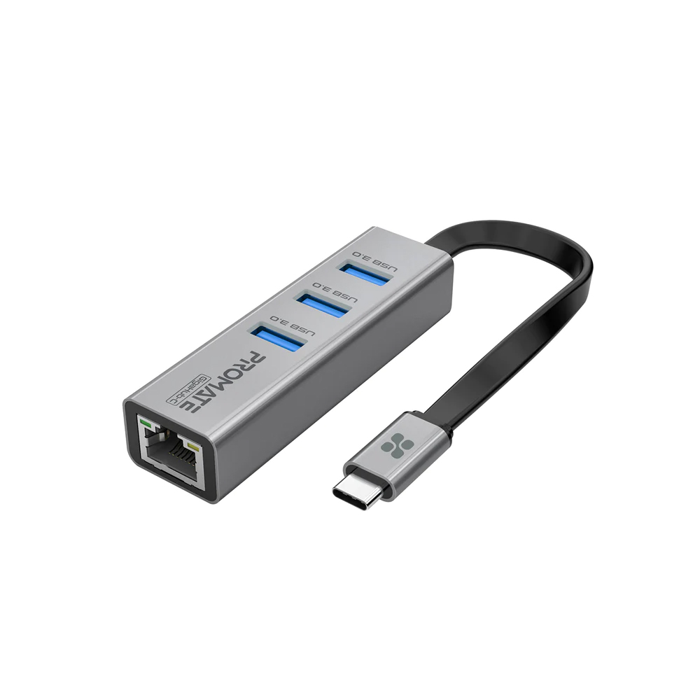 Promate GigaHub-C Multi-Port USB-C Hub with Ethernet Adapter (USB 3.0 Ports, 5Gbps Sync, 1000Mbps Ethernet as icons)