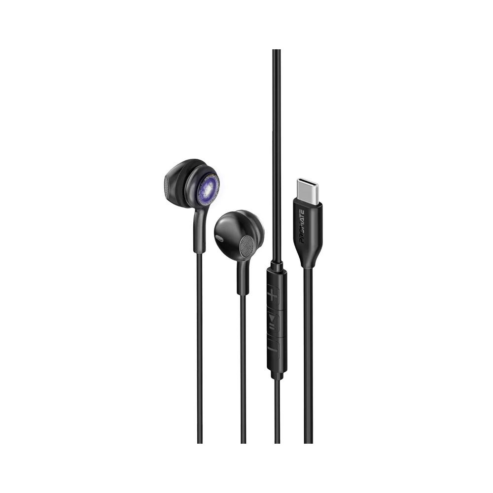Promate LumiBuds-C LumiSound™ Transparent Stereo USB-C Wired RGB Earphones - Black