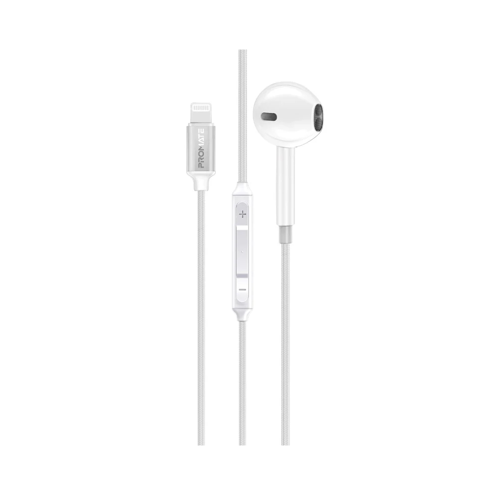 Promate MonoPod-LT MFI Certified Ergonomic In-Ear Wired Mono Earphone with Lightning Connector - White
