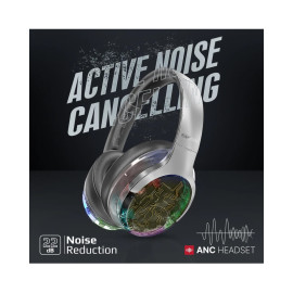 Promate TransTune Active Noise Cancelling Hi-Fi Stereo Wireless Headphones with RGB Lights - Silver