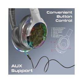 Promate TransTune Active Noise Cancelling Hi-Fi Stereo Wireless Headphones with RGB Lights - Silver