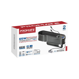 Promate CarMate-RPD 65W Multi-Functional Car Organizer and Charging Station with USB-C & Lightning Retractable Cables - Black
