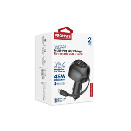 Promate PowerDrive-RC65 62W Multi-Port Car Charger with Retractable USB-C Cable