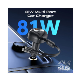 Promate PowerDrive-RCi81 81W Multi-Port Car Charger with Retractable USB-C & Lightning Cables