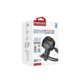 Promate PowerDrive-RCi81 81W Multi-Port Car Charger with Retractable USB-C & Lightning Cables