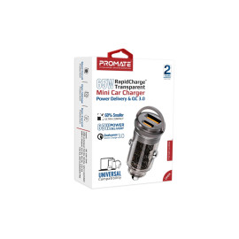 Promate TransDrive-65W 65W RapidCharge™ Transparent Mini Car Charger with Power Delivery & QC 3.0