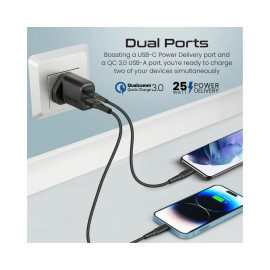 Promate ChargeKit-25PDi 25W Power Delivery Dual Port Adapter with Ultra-Fast USB-C to Lightning Cable