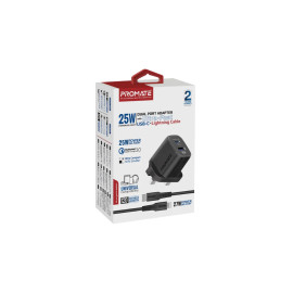 Promate ChargeKit-25PDi 25W Power Delivery Dual Port Adapter with Ultra-Fast USB-C to Lightning Cable