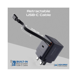 Promate Cubix-R65 65W PD GanFast™ Charging Adapter with Retractable USB-C Cable