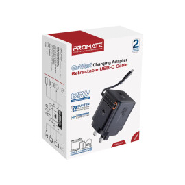 Promate Cubix-R65 65W PD GanFast™ Charging Adapter with Retractable USB-C Cable