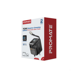 Promate Cubix-R70 70W GaNFast™ Wall Charger w/ Retractable USB-C Cable