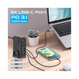 Promate GaNPort-140W 140W Super-Speed GaNFast™ Charging Station with Power Delivery 3.1 & Quick Charge 3.0