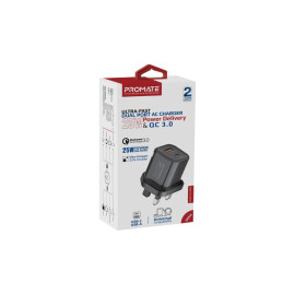 Promate PowerPort-25AC Ultra-Fast Dual Port AC Charger with 25W Power Delivery and QC 3.0 - Black