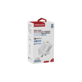 Promate PowerPort-25AC Ultra-Fast Dual Port AC Charger with 25W Power Delivery and QC 3.0 - White
