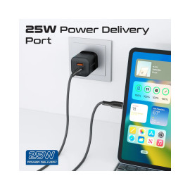 Promate PowerPort-25CC.EU 25W Dual Port Adapter Combo with 60W Fast Charging USB-C Cable