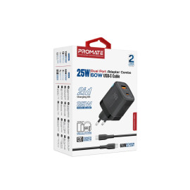 Promate PowerPort-25CC.EU 25W Dual Port Adapter Combo with 60W Fast Charging USB-C Cable