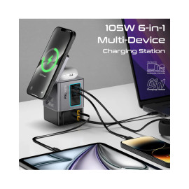 Promate PowerSync-105 105W GaNFast™ Multi-Port Wireless Charging Station with Dual Retractable Cables