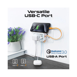 Promate VersaSocket Multi-Function AC Socket Charger with Built-In 20W PD USB-C Cable