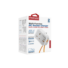 Promate VersaSocket Multi-Function AC Socket Charger with Built-In 20W PD USB-C Cable
