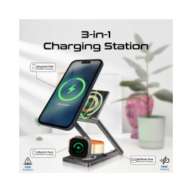 Promate LucidFold-Trio Ultra-Slim Transparent Foldable 15W MagSafe Compatible Wireless Charging Station