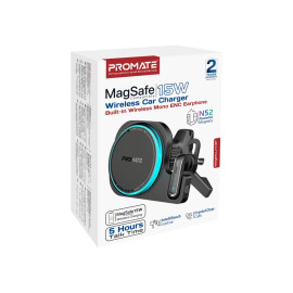 Promate MagMount-BT 2-in-1 MagSafe Compatible 15W Wireless Car Charger with Built-in Wireless Mono ENC Earphone