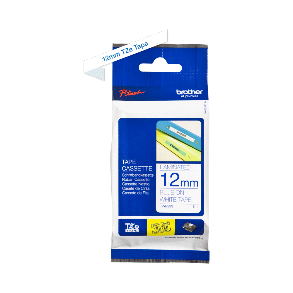 Brother Genuine TZe-233 Labelling Tape Cassette – Blue on White, 12mm wide