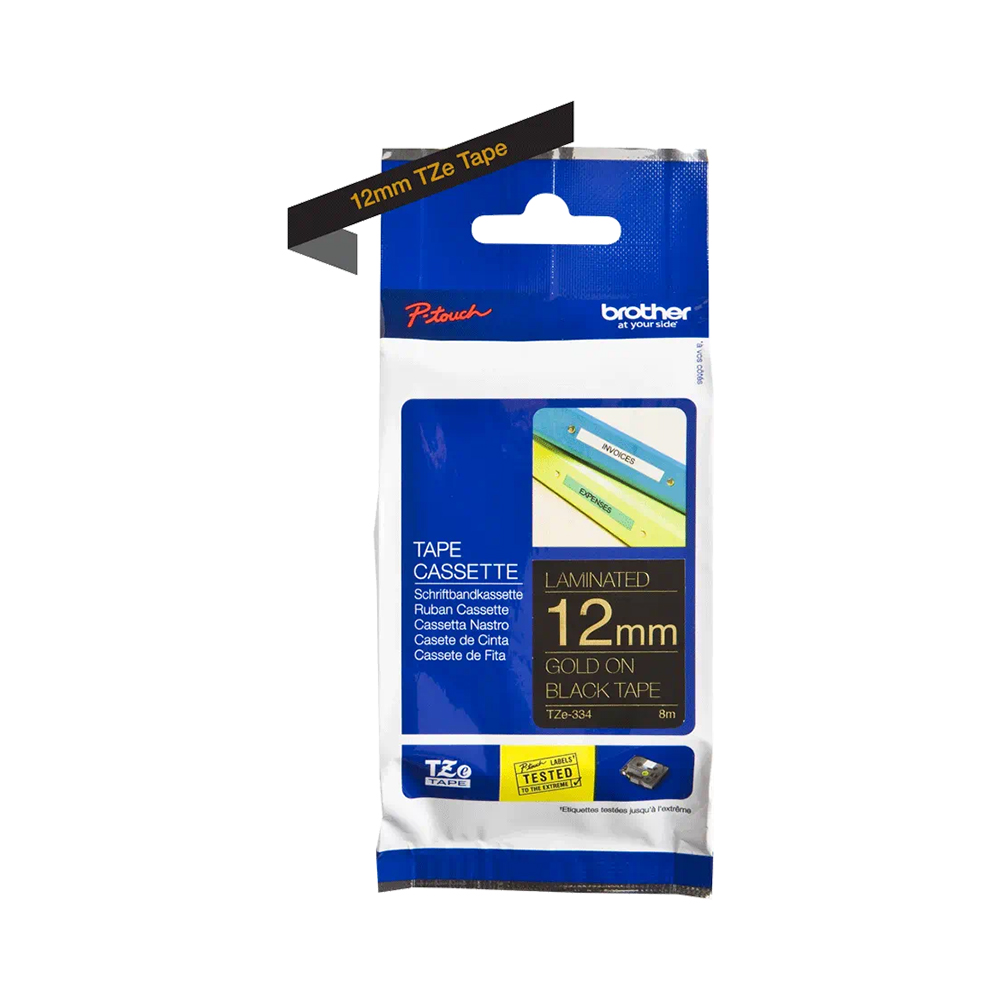 Brother Genuine TZe-334 Labelling Tape Cassette – Gold On Black, 12mm wide