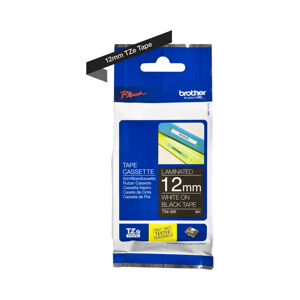 Brother Genuine TZe-335 Labelling Tape – White on Black, 12mm wide