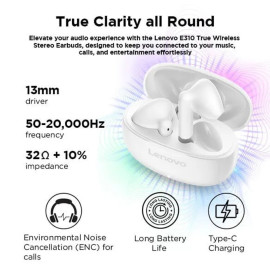 Lenovo E310 True Wireless Stereo in Earbuds with Mic, Bluetooth 5.3, 13mm Drivers, 20hrs Charging with case, Touch Sensor Buttons