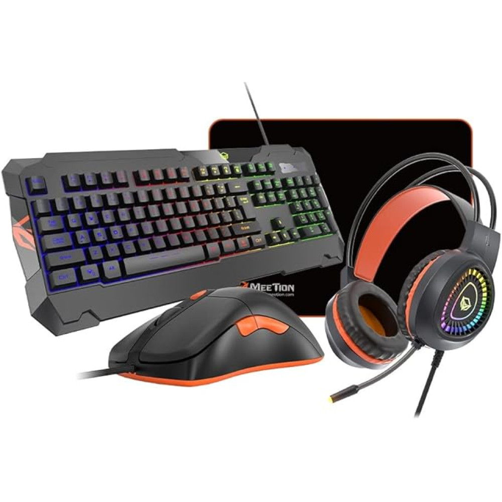 Meetion MT C505 4 in 1 Gaming Combo Kit: RGB Keyboard, 3200DPI Mouse, Backlit Headphone With Omni Directional Microphone, High Precision Mouse Pad